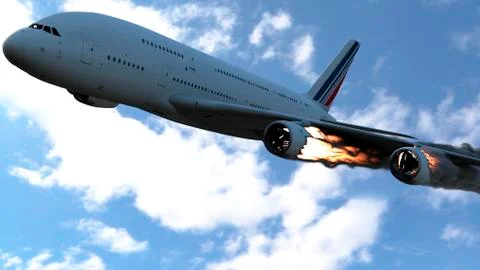 The engine of the aircraft caught fire and burns with the release of black smoke イラスト素材
