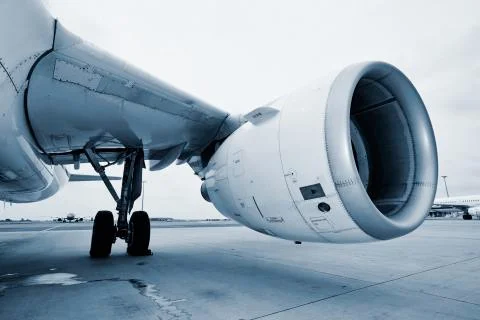 Engine of the airplane at the airport. Stock Photos