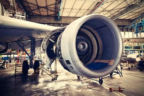Engine of the airplane under heavy maintenance Stock-Fotos