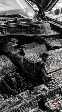 Engine and engine compartment of a car during washing. foam applied. car wash 写真素材