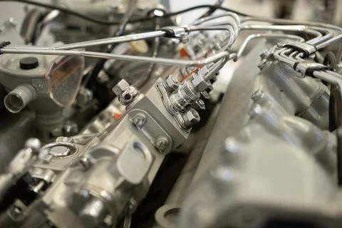 The engine and fuel system of the retro car. Stock Photos
