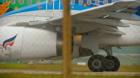 Engine and gears of airplane close up Stock Footage