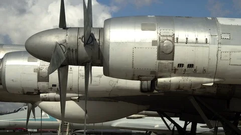 Engine and propeller of the old retro transport plane. Fragment of the aircraft. 스톡 동영상 74477751