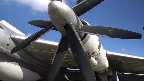 Engine and propeller of the old retro transport plane. Fragment of the aircraft. Stock Footage 74714292
