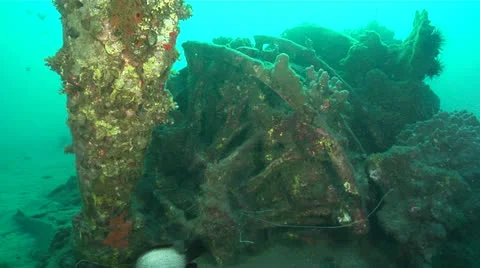 Engine and Propeller of Underwater WW2 Plane Wreck Stock Footage 27051533