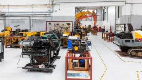 Engine assembly is being shown in 3D render service workshop with overhead crane Illustrazione stock