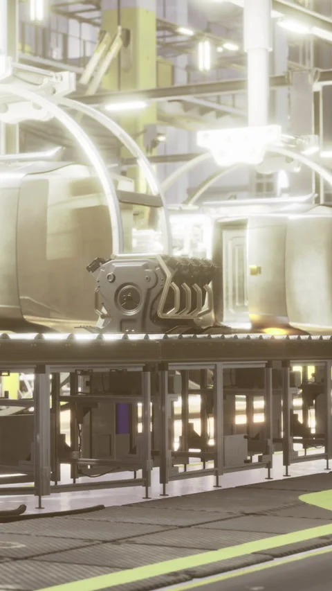 Engine assembly process in an industrial factory setting during daytime Stock Footage 335093723