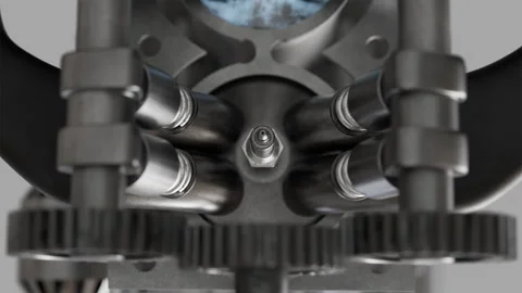 Engine assembly process showing internal components with metallic parts Stock Footage 323329054