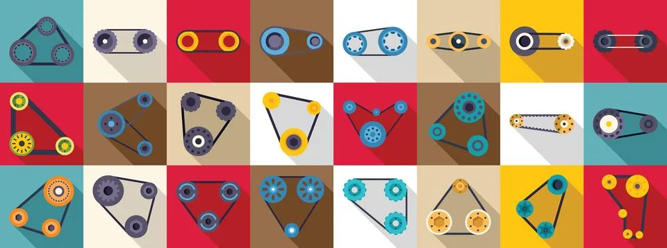 Engine belt icons set. Timing belt and pulley icons showing rotating mechan.. Stock Illustration