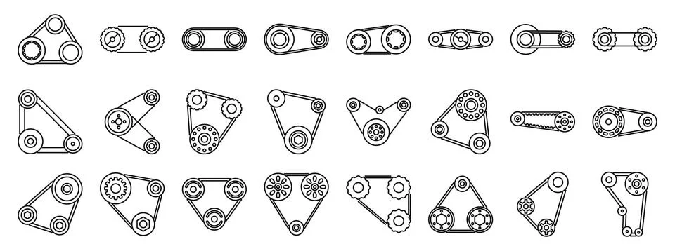 Engine belt icons set. Timing belt and pulley icons showing different confi.. Stock Illustration