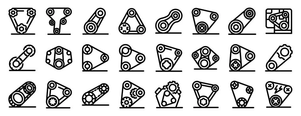 Engine belt icons set. Timing belt icons showing engine parts and maintenance Stock Illustration