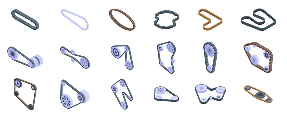 Engine belt icons set. Timing belt rotating gears and pulleys in isometric vi Stock Illustration