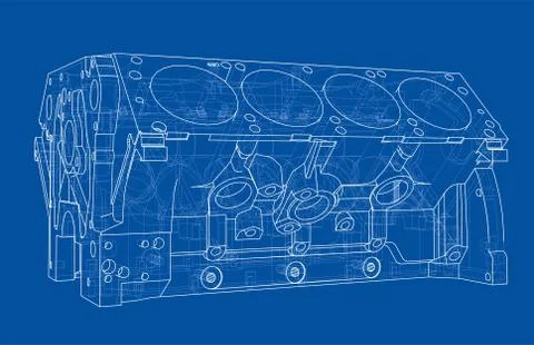 Engine block sketch. Vector rendering of 3d Stock Illustration