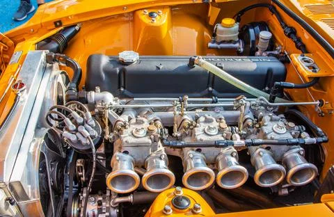An engine block of a tuning car during a show automobile exhibition Fotos de archivo
