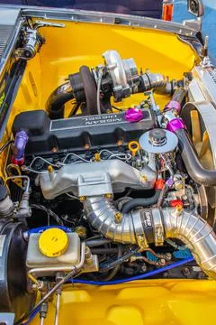 An engine block of a tuning car during a show automobile exhibition Fotos de archivo
