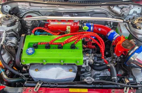 An engine block of a tuning car during a show automobile exhibition Fotos de archivo