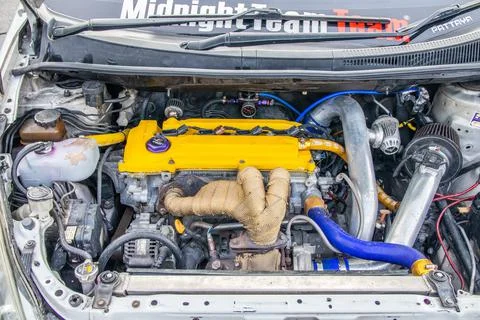 An engine block of a tuning car during a show automobile exhibition Foto stock