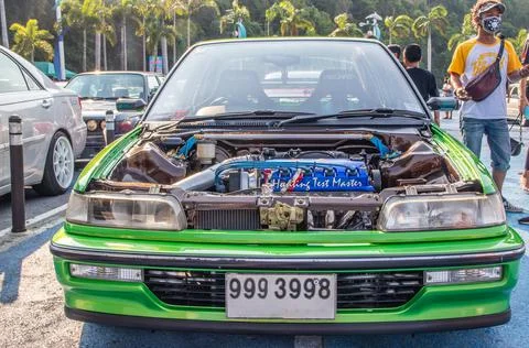 An engine block of a tuning car during a show automobile exhibition Fotos de archivo
