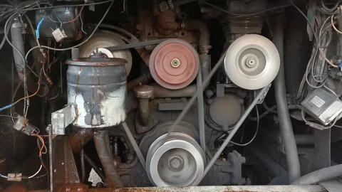 The engine of the bus with the released antifreeze from the pipe Video stock 120056935