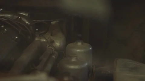 Engine of the Classic Jaguar Car. Camera Moving Left. Car Ready to Restore Stock Footage 77926725