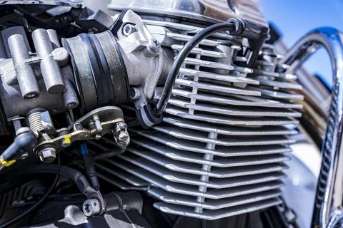 The engine of a classic motorcycle. side view. motor, cylinders, Stock-Fotos