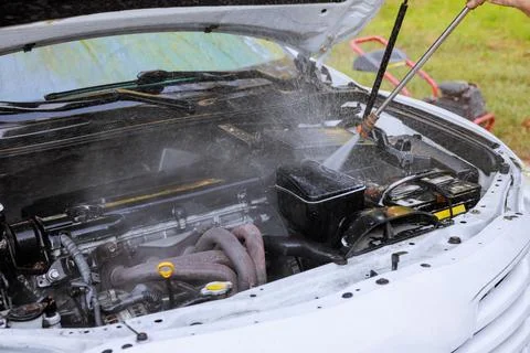 Engine cleaning process takes place in backyard with water spraying from Foto stock