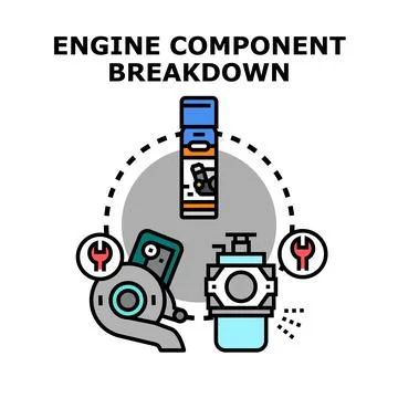 Engine component breakdown, automotive service, repair, diagnostics concept Stock Illustration