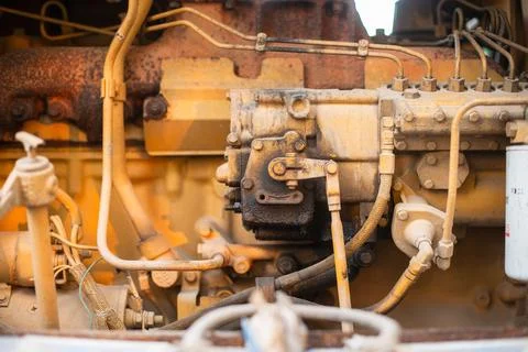 Engine components industrial site mechanical close-up workshop detailed vie.. Foto stock