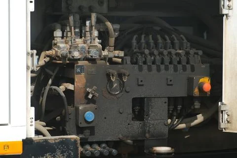 Engine in the concrete pump in a mobile installation for the supply concrete. Stock Photos