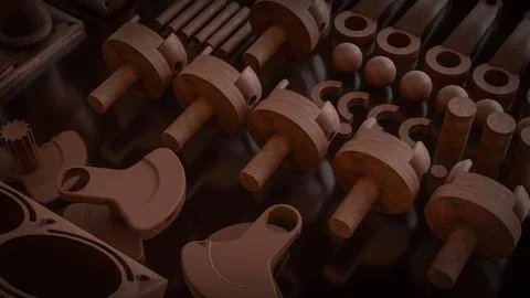 Engine Cylinder Block And Pistons Mechanical Parts 3d render. Stock Illustration