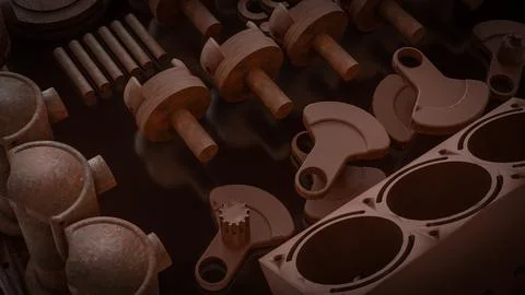 Engine Cylinder Block And Pistons Mechanical Parts 3d render. Illustrazione stock
