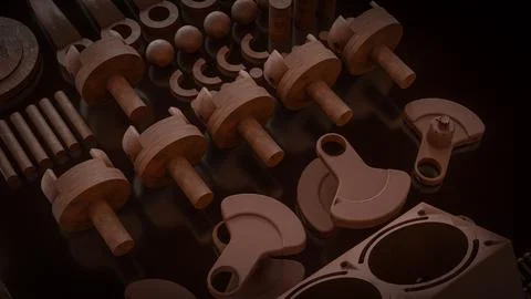 Engine Cylinder Block And Pistons Mechanical Parts 3d render. Illustrazione stock