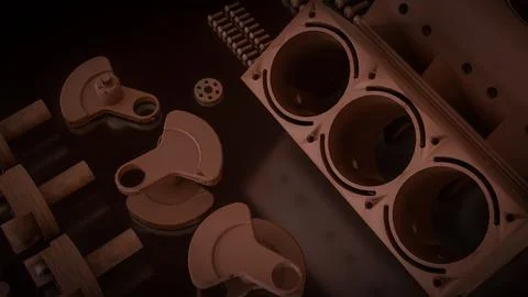 Engine Cylinder Block And Pistons Mechanical Parts 3d render. Stock Illustration