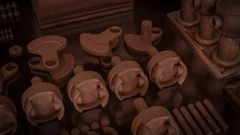 Engine Cylinder Block And Pistons Mechanical Parts 3d render. Illustrazione stock