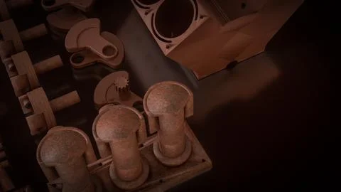 Engine Cylinder Block And Pistons Mechanical Parts 3d render. Illustrazione stock