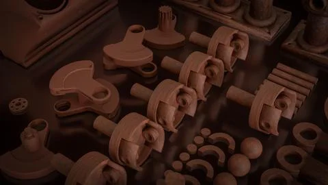 Engine Cylinder Block And Pistons Mechanical Parts 3d render. Illustrazione stock