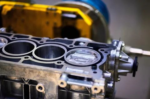 Engine cylinder block with installed pistons in workshop Foto stock