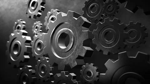 Engine gears wheels Assemble slowly rotating dark metallic gears. Iron clockwork Stock Footage 130988987