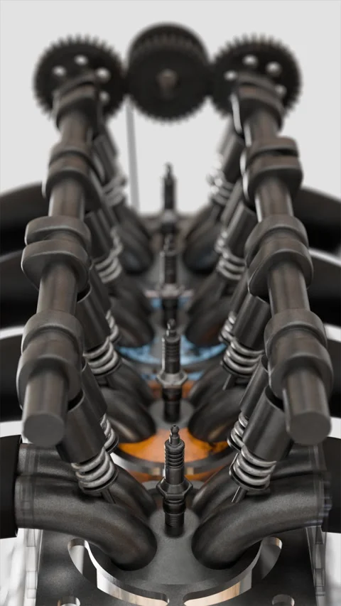 Engine head assembly process, detailed view of fuel injectors and components Stock Footage 323732609