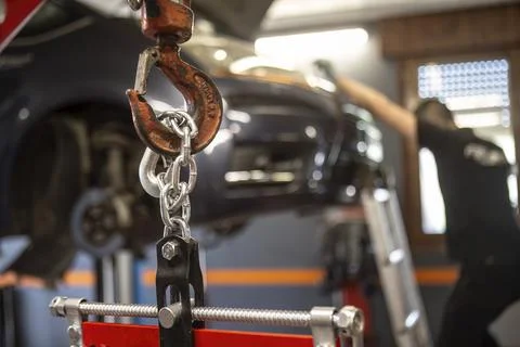 Engine Hoist Chain Detail in Workshop Stock Photos