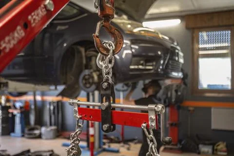 Engine Hoist Chain Detail in Workshop Stock Photos