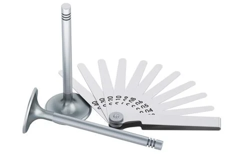 Engine intake valves with feeler gauge, metric offset valve thickness gauge.. Stock Illustration