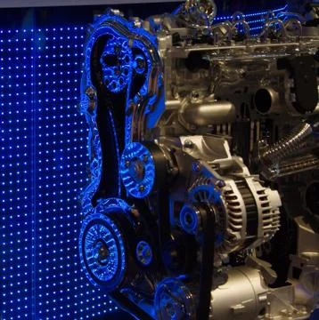 Engine internals with blue LED reflections Foto stock