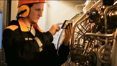 Engine Maintenance Expert Utilizes a Smartphone to Capture and Analyze Data 스톡 사진