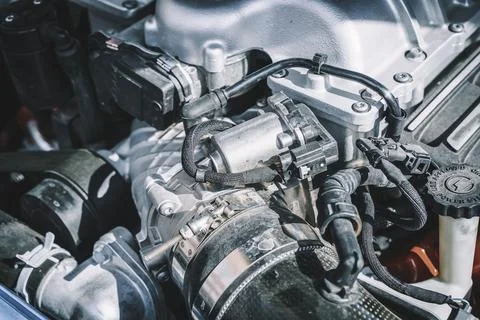 Engine of a modern car. Device and detailing of the transport motor.Automotive Foto stock