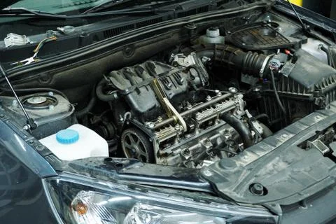 The engine of a modern car during repairs. Fotos Stock