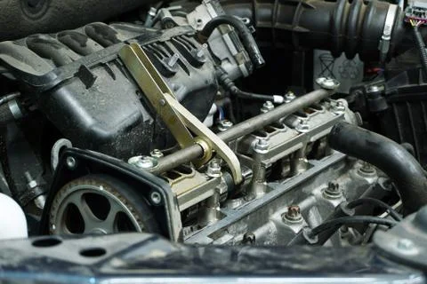 The engine of a modern car during repairs. Stock Photos