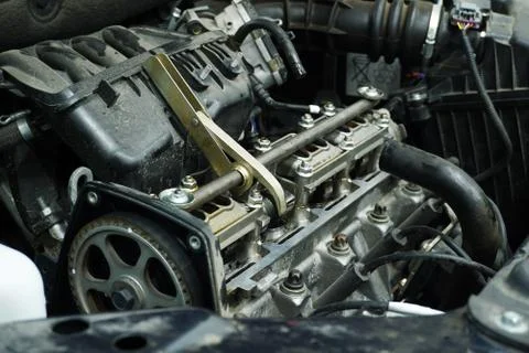 The engine of a modern car during repairs. Stock Photos
