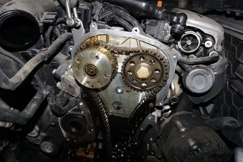 The engine of a modern car during repairs. Elements of the timing mechanism. Fotos Stock