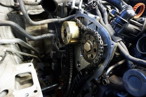 The engine of a modern car during repairs. Elements of the timing mechanism. Foto stock